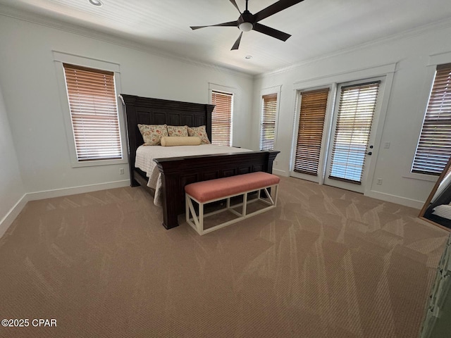 5303 Hopetown Ln, Panama City Beach, FL 32408 - bedroom featuring access to exterior, ornamental molding, baseboards, light colored carpet, and multiple windows