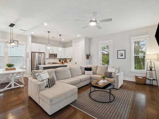 190 Valdare Ln, Inlet Beach, FL 32461 - living room featuring a ceiling fan, dark wood-style flooring, baseboards, and recessed lighting
