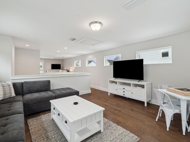 190 Valdare Ln, Inlet Beach, FL 32461 - living area with attic access, baseboards, dark wood-style floors, and recessed lighting