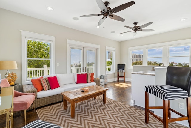 241 Overlook Dr, Miramar Beach, FL 32550 - living area with dark wood-type flooring, healthy amount of natural light, a ceiling fan, recessed lighting, and baseboards
