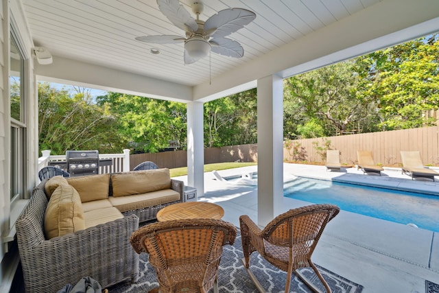 241 Overlook Dr, Miramar Beach, FL 32550 - view of patio / terrace featuring a fenced backyard, area for grilling, ceiling fan, an outdoor hangout area, and view of wooded area