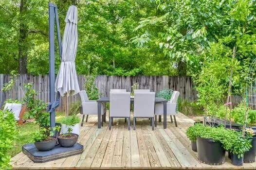5930 Wind Trace Rd, Crestview, FL 32536 - deck featuring a fenced backyard and outdoor dining space