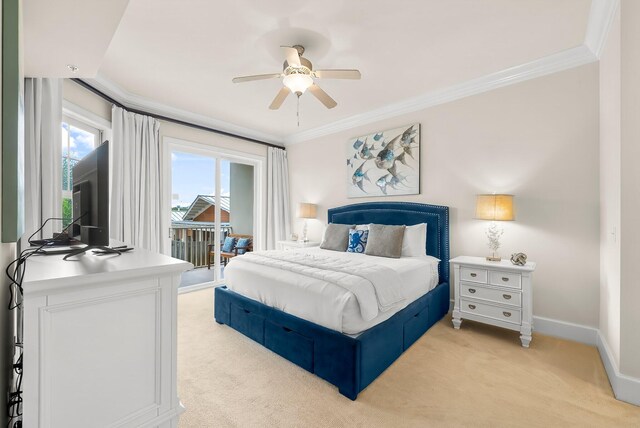 1653 W County Highway 30a Unit 1109, Santa Rosa Beach, FL 32459 - bedroom with light carpet, ornamental molding, access to outside, baseboards, and a ceiling fan