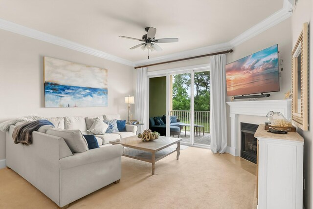 1653 W County Highway 30a Unit 1109, Santa Rosa Beach, FL 32459 - living room featuring ornamental molding, a ceiling fan, a fireplace, and baseboards