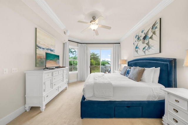 1653 W County Highway 30a Unit 1109, Santa Rosa Beach, FL 32459 - bedroom featuring access to exterior, crown molding, light carpet, baseboards, and a ceiling fan