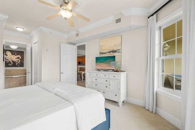 1653 W County Highway 30a Unit 1109, Santa Rosa Beach, FL 32459 - bedroom featuring light colored carpet, baseboards, crown molding, and a ceiling fan