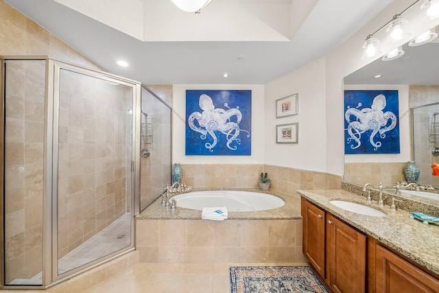 1653 W County Highway 30a Unit 1109, Santa Rosa Beach, FL 32459 - full bathroom with a shower stall, a bath, recessed lighting, vanity, and tile patterned flooring