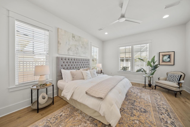 bedroom featuring light wood-style flooring, baseboards, recessed lighting, and ceiling fan