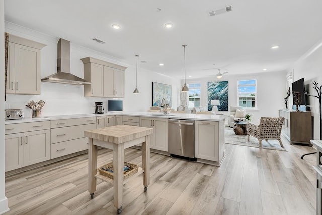 179 S County Highway 393 Unit 445, Santa Rosa Beach, FL 32459 - kitchen with stainless steel dishwasher, wall chimney exhaust hood, a peninsula, recessed lighting, and a sink