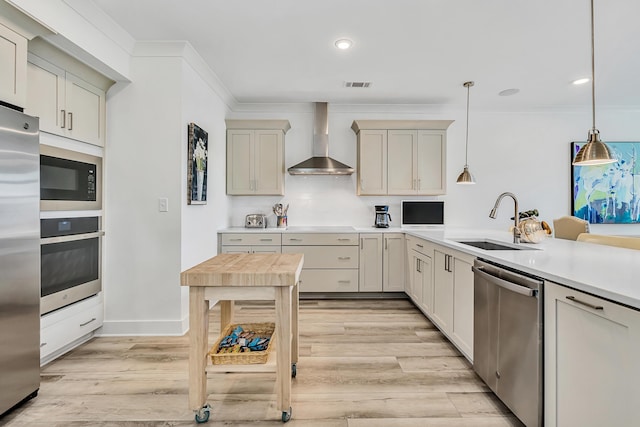 179 S County Highway 393 Unit 445, Santa Rosa Beach, FL 32459 - kitchen with stainless steel appliances, wall chimney range hood, a sink, light wood finished floors, and pendant lighting