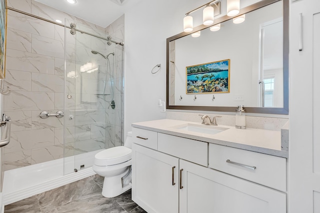179 S County Highway 393 Unit 445, Santa Rosa Beach, FL 32459 - bathroom with a stall shower, toilet, marble look tile flooring, and vanity