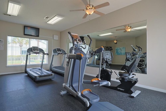 2606 Scenic Gulf Dr Unit 4108, Miramar Beach, FL 32550 - exercise room featuring a ceiling fan and baseboards