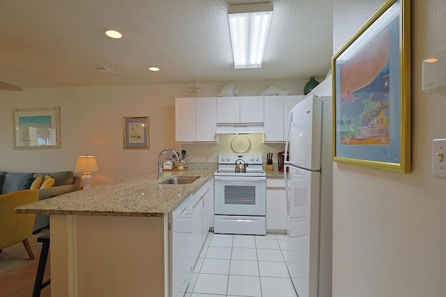 2606 Scenic Gulf Dr Unit 4108, Miramar Beach, FL 32550 - kitchen featuring white appliances, a sink, under cabinet range hood, a peninsula, and white cabinetry