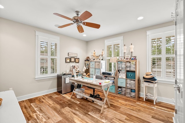 728 Breakers St, Watersound, FL 32461 - office area featuring plenty of natural light, ceiling fan, baseboards, wood finished floors, and recessed lighting