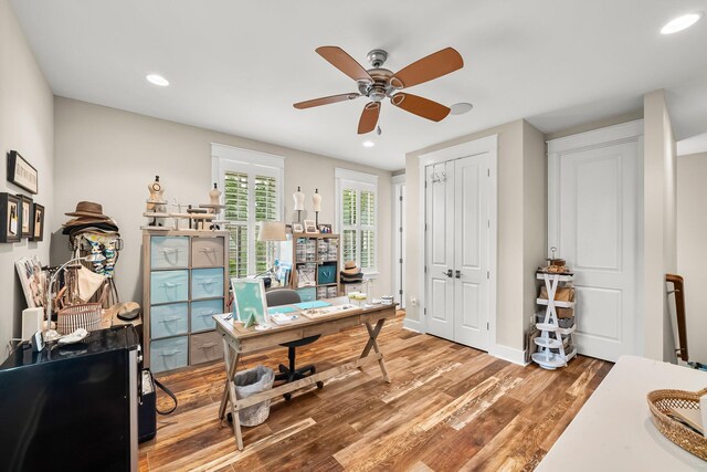 728 Breakers St, Watersound, FL 32461 - office with wood finished floors, a ceiling fan, recessed lighting, and baseboards