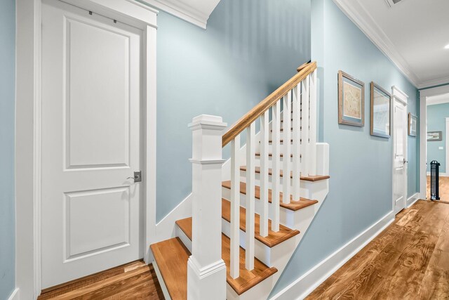 728 Breakers St, Watersound, FL 32461 - stairway with crown molding, wood finished floors, and baseboards