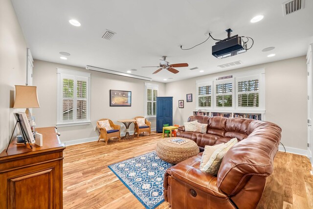 728 Breakers St, Watersound, FL 32461 - living room featuring a ceiling fan, light wood-type flooring, recessed lighting, and baseboards