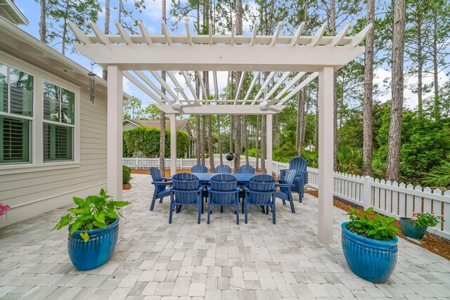728 Breakers St, Watersound, FL 32461 - fenced backyard with outdoor dining area, a pergola, and a patio area