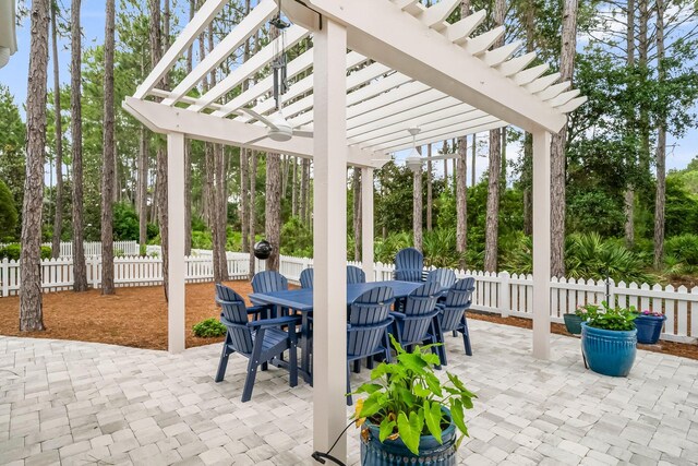 728 Breakers St, Watersound, FL 32461 - fenced backyard with a pergola, a patio, outdoor dining area, and view of scattered trees