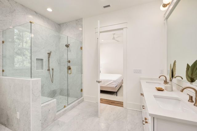 26 Silver Maple Dr, Inlet Beach, FL 32461 - full bathroom featuring ensuite bathroom, a marble finish shower, ceiling fan, recessed lighting, and marble finish floors