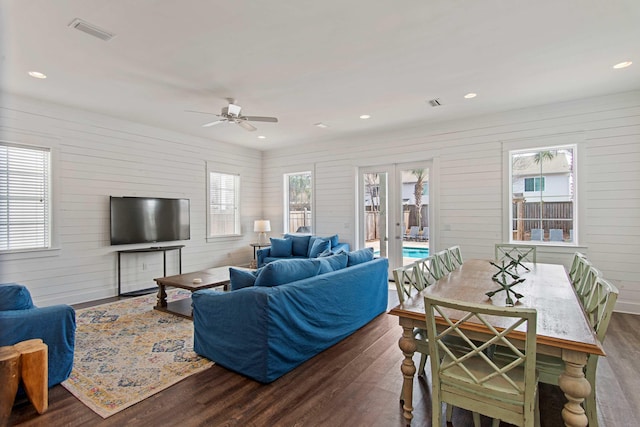 246 Driftwood Rd, Miramar Beach, FL 32550 - living room featuring wood finished floors, a ceiling fan, french doors, recessed lighting, and wooden walls