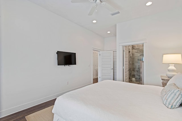 246 Driftwood Rd, Miramar Beach, FL 32550 - bedroom with dark wood-style flooring, recessed lighting, baseboards, ensuite bathroom, and a ceiling fan