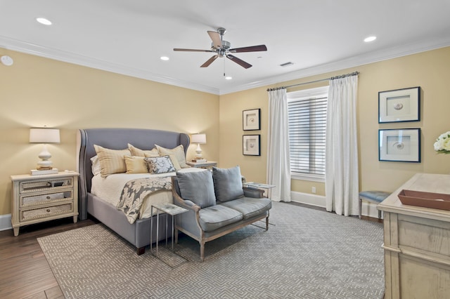 134 Norwood Dr Ph 3, Miramar Beach, FL 32550 - bedroom featuring baseboards, recessed lighting, ornamental molding, wood finished floors, and a ceiling fan