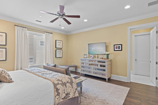 134 Norwood Dr Ph 3, Miramar Beach, FL 32550 - bedroom featuring baseboards, recessed lighting, ornamental molding, dark wood-style floors, and a ceiling fan
