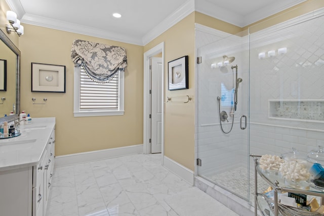 134 Norwood Dr Ph 3, Miramar Beach, FL 32550 - bathroom with marble look tiles, baseboards, a stall shower, double vanity, and recessed lighting