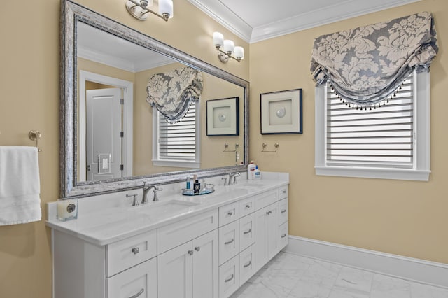 134 Norwood Dr Ph 3, Miramar Beach, FL 32550 - bathroom with marble finish floors, crown molding, double vanity, and baseboards