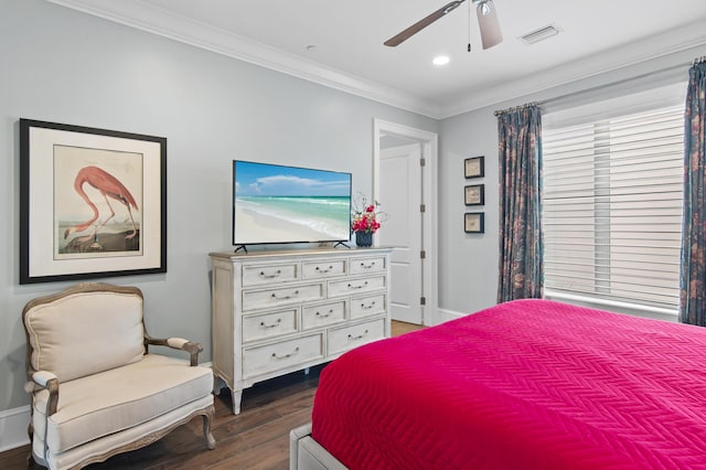 134 Norwood Dr Ph 3, Miramar Beach, FL 32550 - bedroom featuring dark wood-type flooring, crown molding, baseboards, a ceiling fan, and recessed lighting