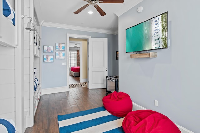 134 Norwood Dr Ph 3, Miramar Beach, FL 32550 - playroom featuring a ceiling fan, crown molding, baseboards, wood finished floors, and recessed lighting