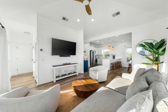 216 E Park Place Ave, Inlet Beach, FL 32461 - living area with wood finished floors, a ceiling fan, and recessed lighting