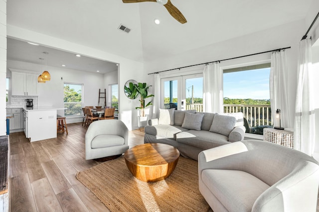 216 E Park Place Ave, Inlet Beach, FL 32461 - living room featuring plenty of natural light, recessed lighting, ceiling fan, light wood-style floors, and french doors