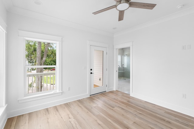 180 Rearden Way, Santa Rosa Beach, FL 32459 - spare room with a ceiling fan, light wood-style flooring, baseboards, and crown molding