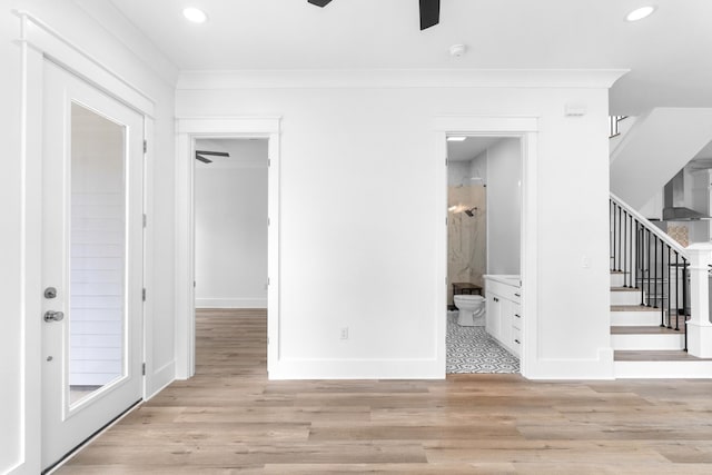 180 Rearden Way, Santa Rosa Beach, FL 32459 - unfurnished living room featuring stairway, ceiling fan, light wood finished floors, recessed lighting, and baseboards