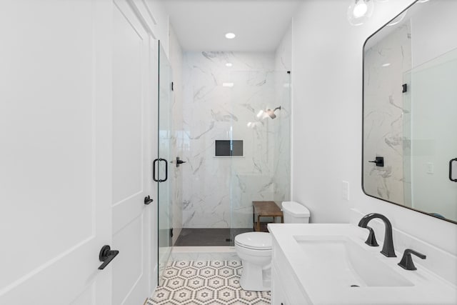 180 Rearden Way, Santa Rosa Beach, FL 32459 - full bathroom with toilet, a marble finish shower, vanity, tile patterned floors, and recessed lighting