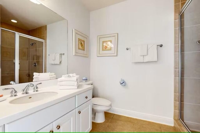 15100 Emerald Coast Pkwy Unit Ph4, Destin, FL 32541 - bathroom with toilet, a stall shower, tile patterned flooring, vanity, and baseboards