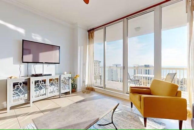 15100 Emerald Coast Pkwy Unit Ph4, Destin, FL 32541 - living room with healthy amount of natural light, tile patterned floors, ornamental molding, and a wall of windows