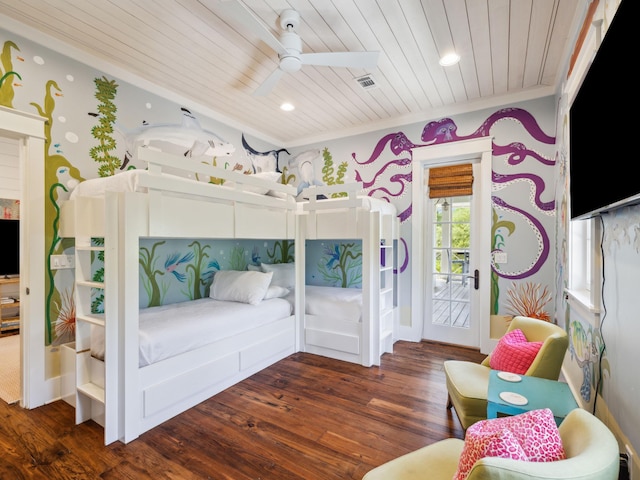 121 Red Cedar Way, Santa Rosa Beach, FL 32459 - bedroom featuring wood ceiling, access to exterior, crown molding, wood finished floors, and ceiling fan