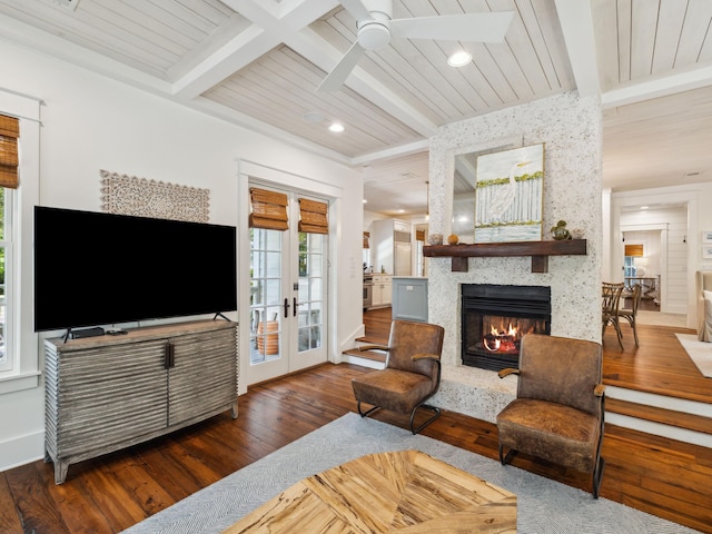 121 Red Cedar Way, Santa Rosa Beach, FL 32459 - living room featuring hardwood / wood-style flooring, healthy amount of natural light, ceiling fan, french doors, and wood ceiling with exposed beams
