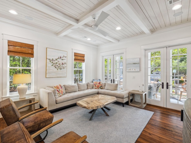 121 Red Cedar Way, Santa Rosa Beach, FL 32459 - living area featuring french doors, dark wood finished floors, beam ceiling, recessed lighting, and a ceiling fan