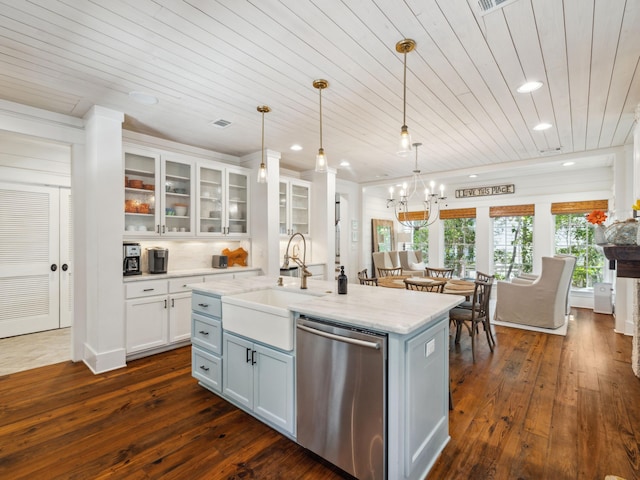 121 Red Cedar Way, Santa Rosa Beach, FL 32459 - kitchen featuring dishwasher, a sink, wood ceiling, white cabinetry, and dark wood finished floors