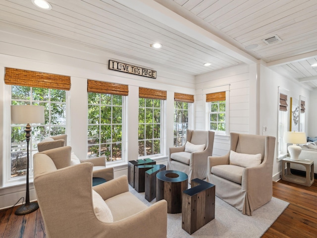 121 Red Cedar Way, Santa Rosa Beach, FL 32459 - living area with wooden ceiling with exposed beams, wood finished floors, plenty of natural light, and recessed lighting