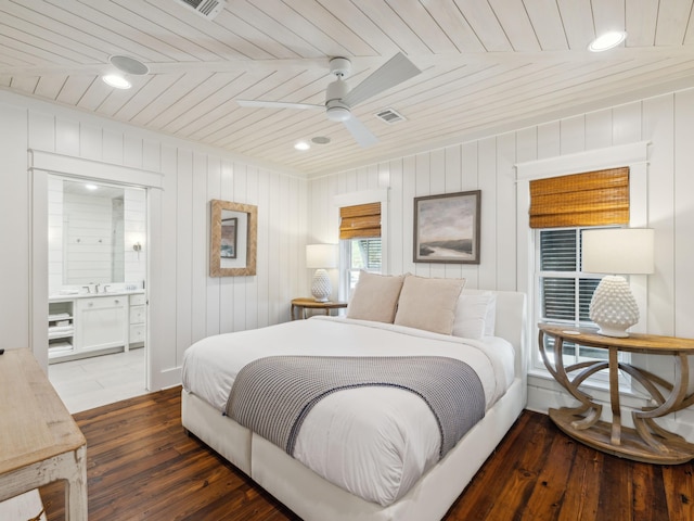 121 Red Cedar Way, Santa Rosa Beach, FL 32459 - bedroom featuring wooden ceiling, hardwood / wood-style floors, connected bathroom, and a ceiling fan
