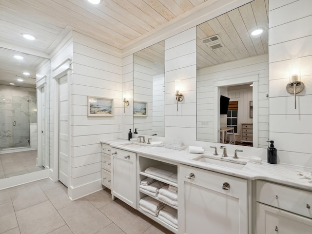 121 Red Cedar Way, Santa Rosa Beach, FL 32459 - full bath featuring wood ceiling, double vanity, a shower stall, tile patterned floors, and recessed lighting