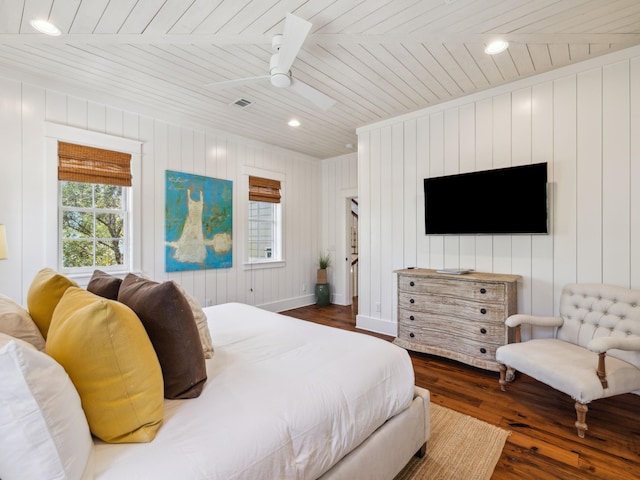 121 Red Cedar Way, Santa Rosa Beach, FL 32459 - bedroom with wooden ceiling, dark wood-style flooring, wooden walls, recessed lighting, and baseboards