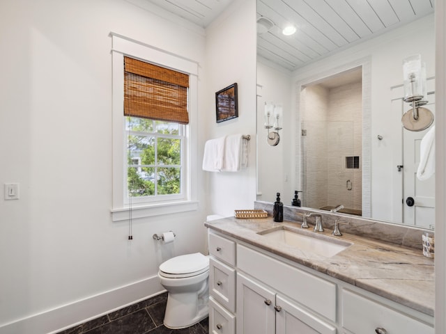 121 Red Cedar Way, Santa Rosa Beach, FL 32459 - bathroom with baseboards, vanity, a shower stall, toilet, and ornamental molding