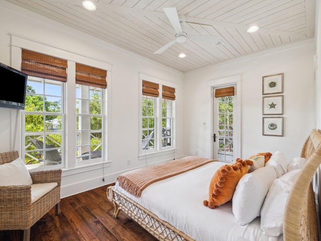 121 Red Cedar Way, Santa Rosa Beach, FL 32459 - bedroom featuring wood finished floors, wooden ceiling, access to exterior, recessed lighting, and ceiling fan