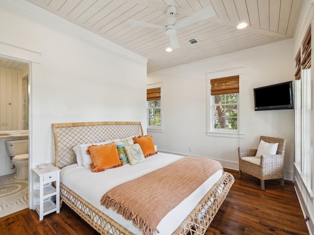 121 Red Cedar Way, Santa Rosa Beach, FL 32459 - bedroom featuring wood ceiling, dark wood-style flooring, ceiling fan, ensuite bath, and recessed lighting